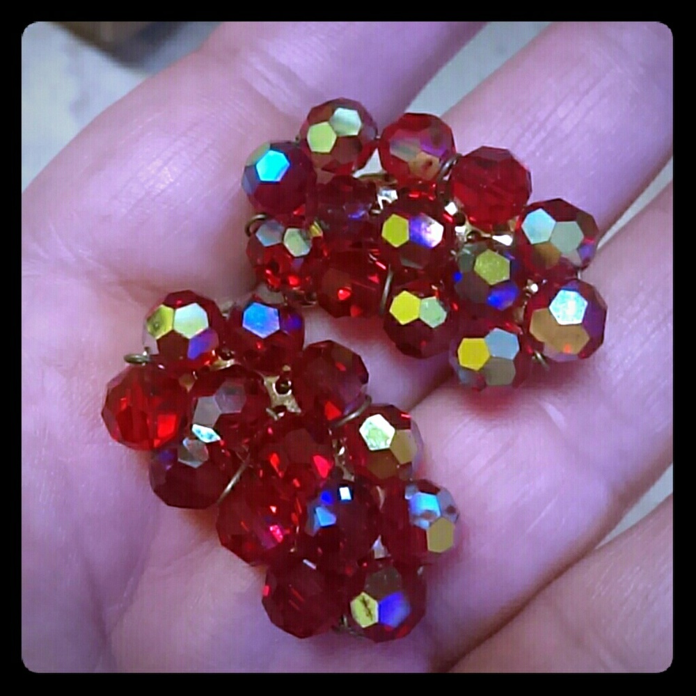 Vintage Red Crystal Cluster Earrings